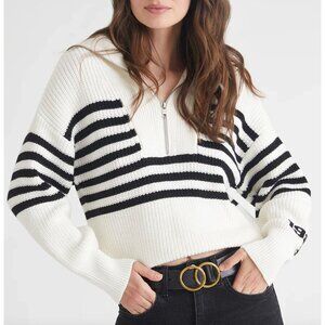525 Norah: 1983 Stripe Half-Zip Cotton Sweater Black and White Large Revolve
